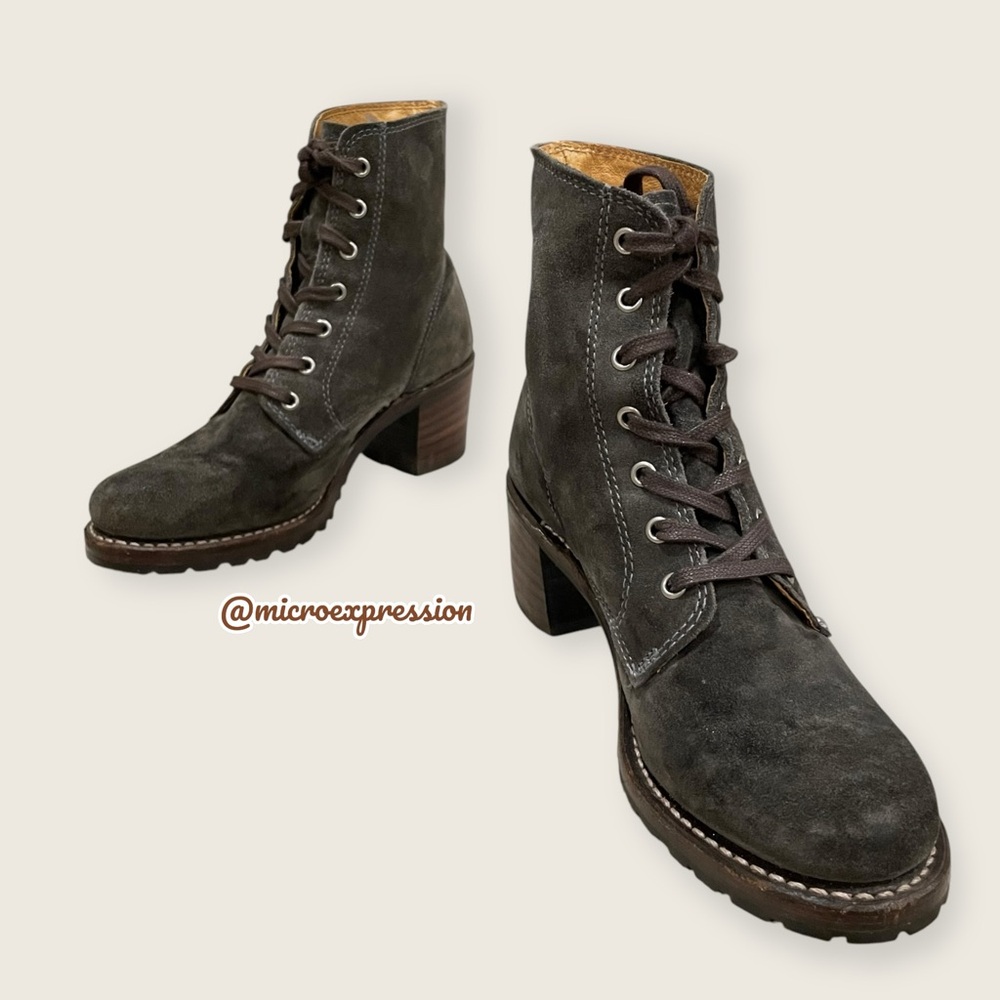 RARE Frye Sabrina 6G Olive Green-Grey Suede Lace Up Combat Block Heel Ankle Boot